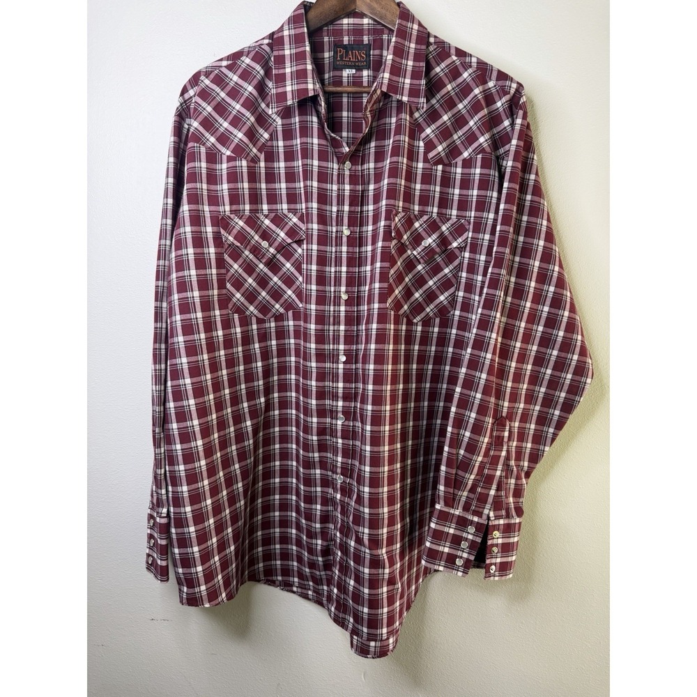 Plains Western Wear Mens Red Plaid Snap Button Shirt Long Sleeve Size XL